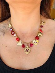 Collier Breloques - OEIL - Rouge et Marron