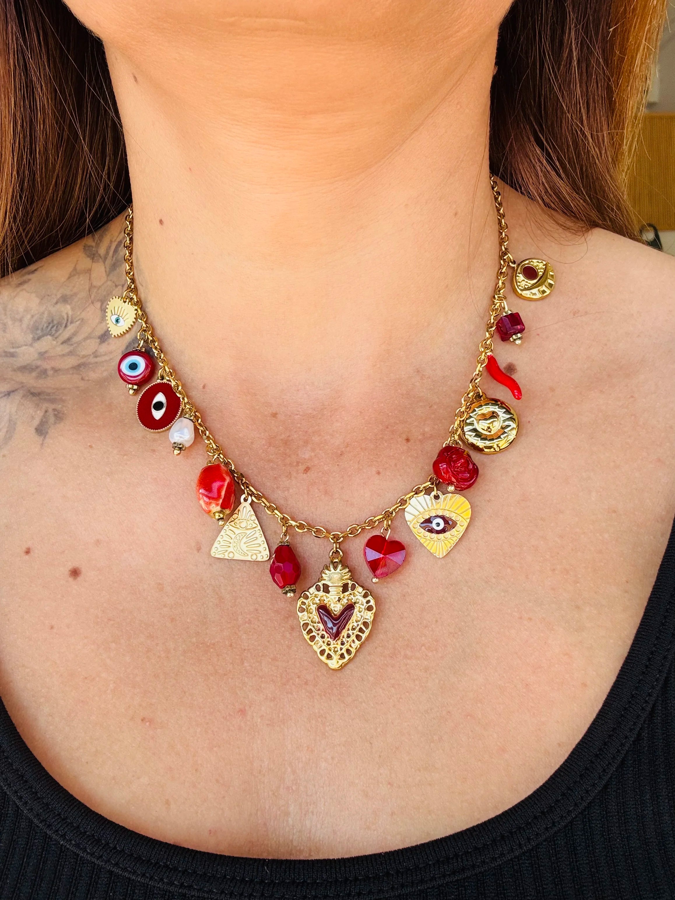Collier Breloques - OEIL - Rouge et Marron