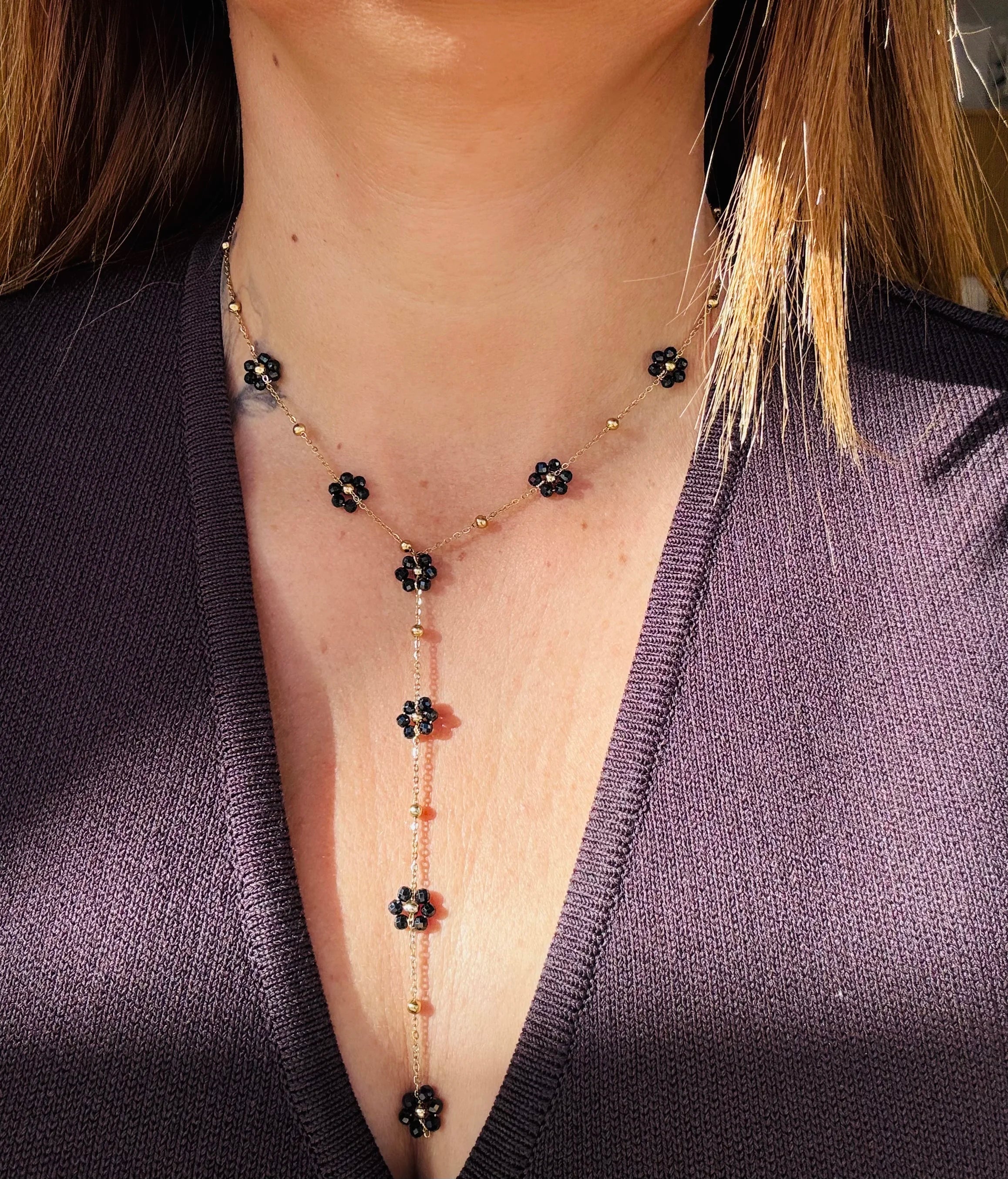 Collier Y Fleur Noire - Acier inoxydable