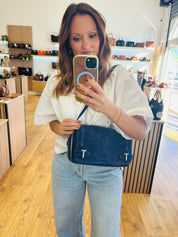 Petit sac bandoulière en cuir suède effet denim - Simone | LE TANNEUR