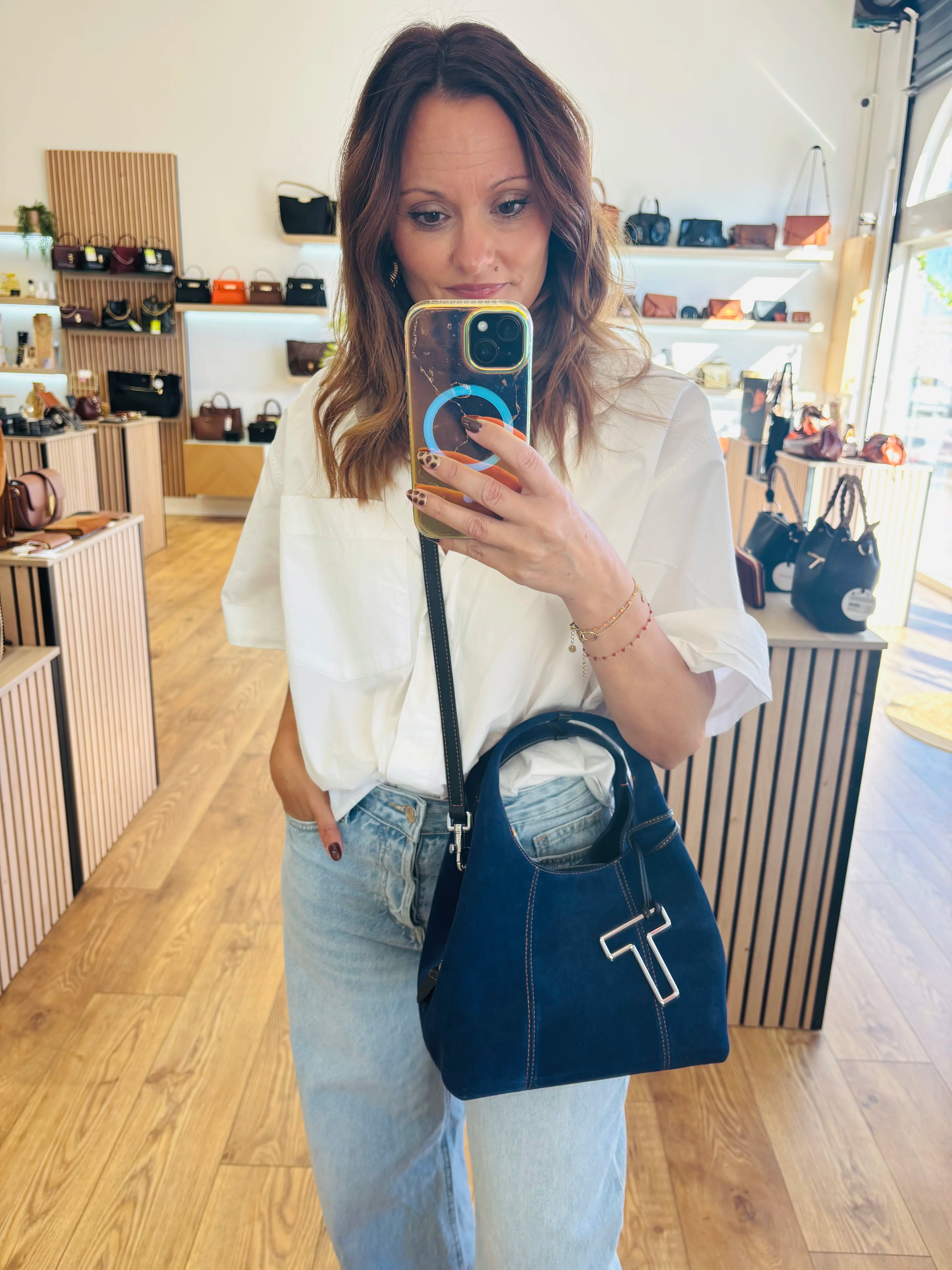 Petit sac à main en cuir suède effet denim - Juliette | LE TANNEUR